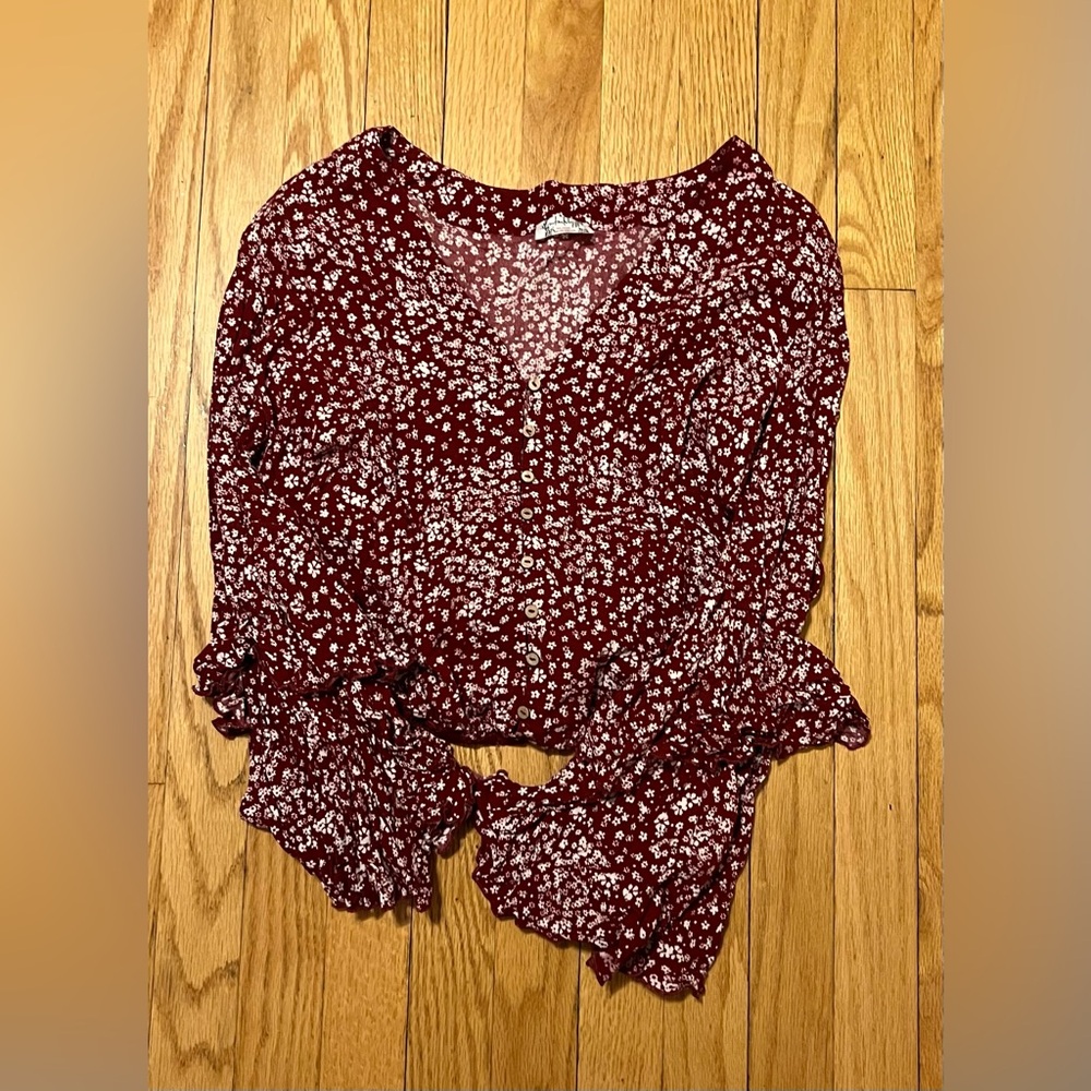 Free People BOHO Floral Burgundy Bodysuit with Bell Sleeves